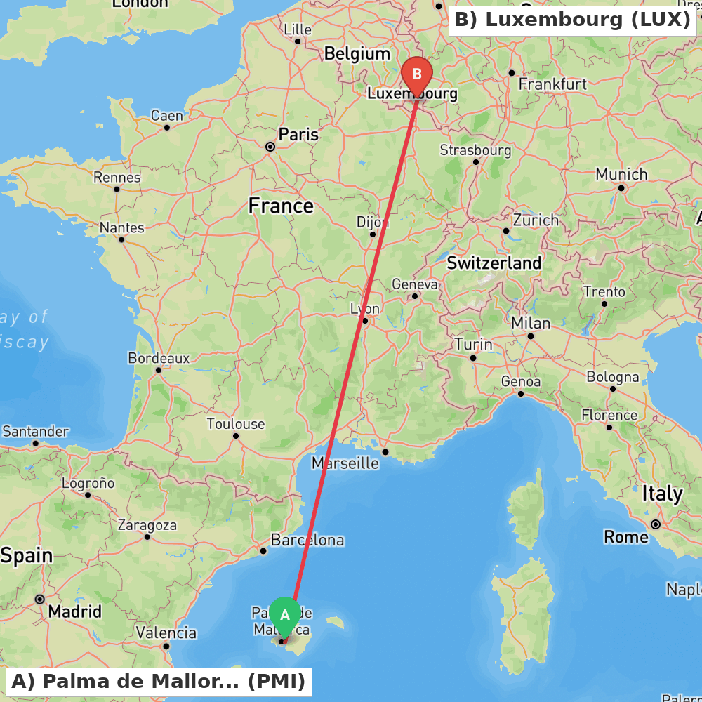 Flight route map from Palma de Mallorca to Luxembourg