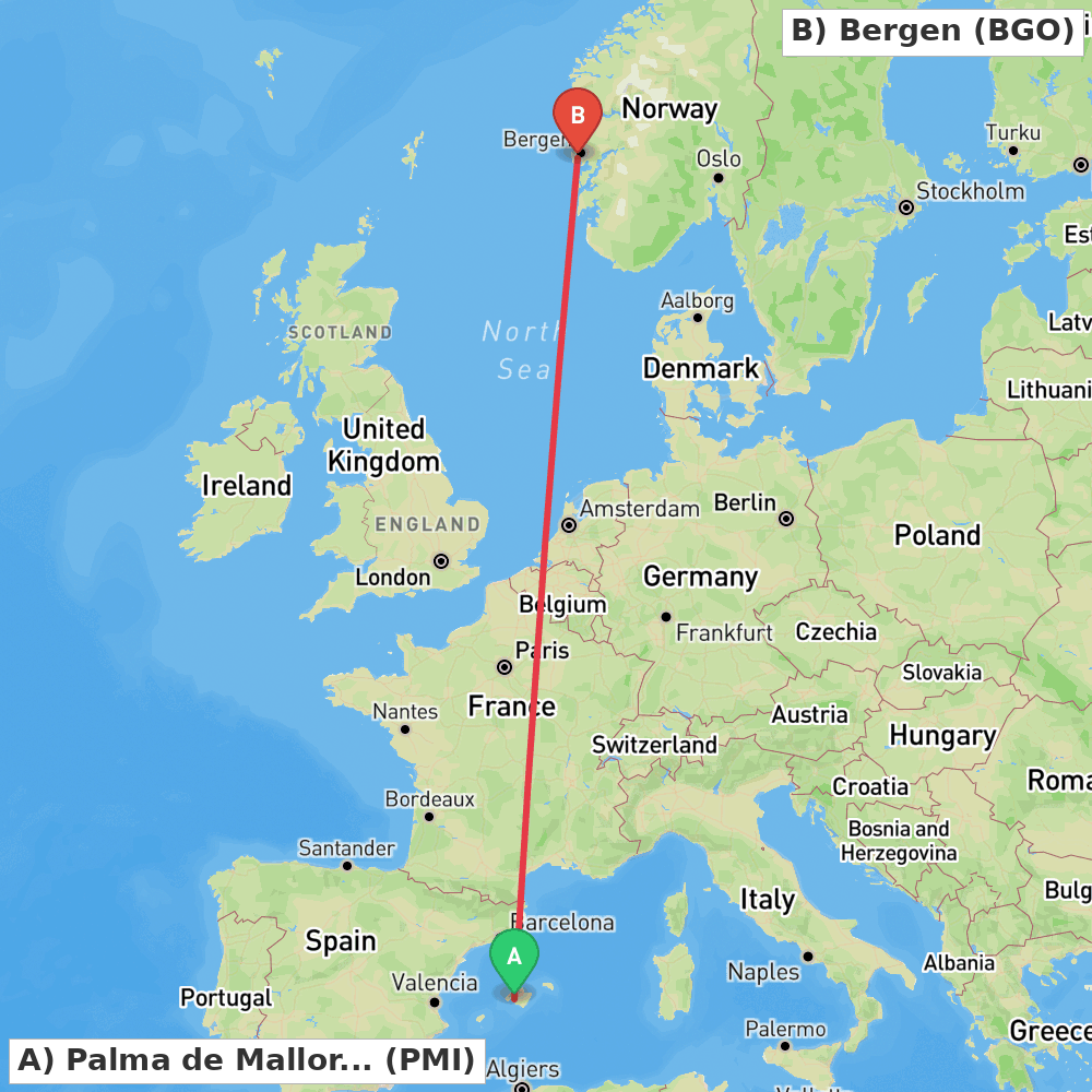 Flight route map from Palma de Mallorca to Bergen