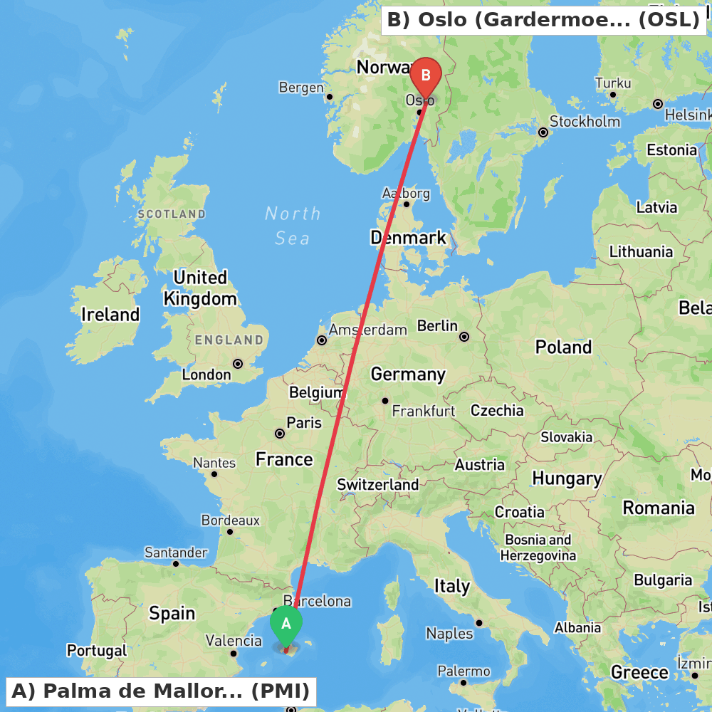 Flight route map from Palma de Mallorca to Oslo (Gardermoen)