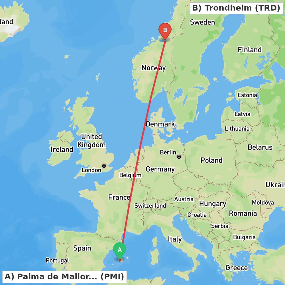 Flight route map from Palma de Mallorca to Trondheim