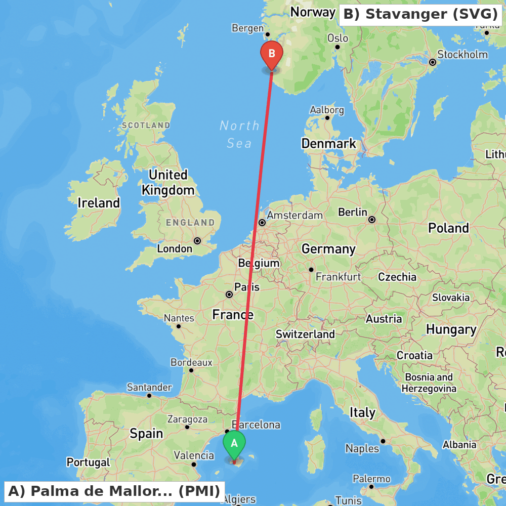 Flight route map from Palma de Mallorca to Stavanger