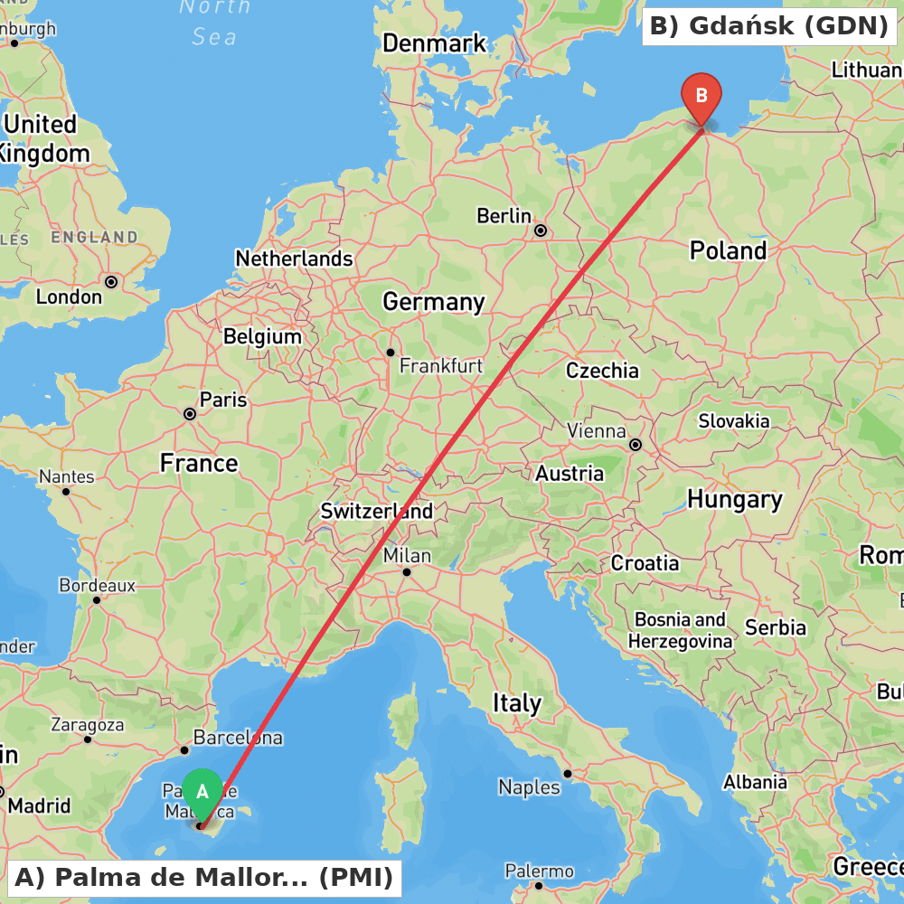 Flight route map from Palma de Mallorca to Gdańsk