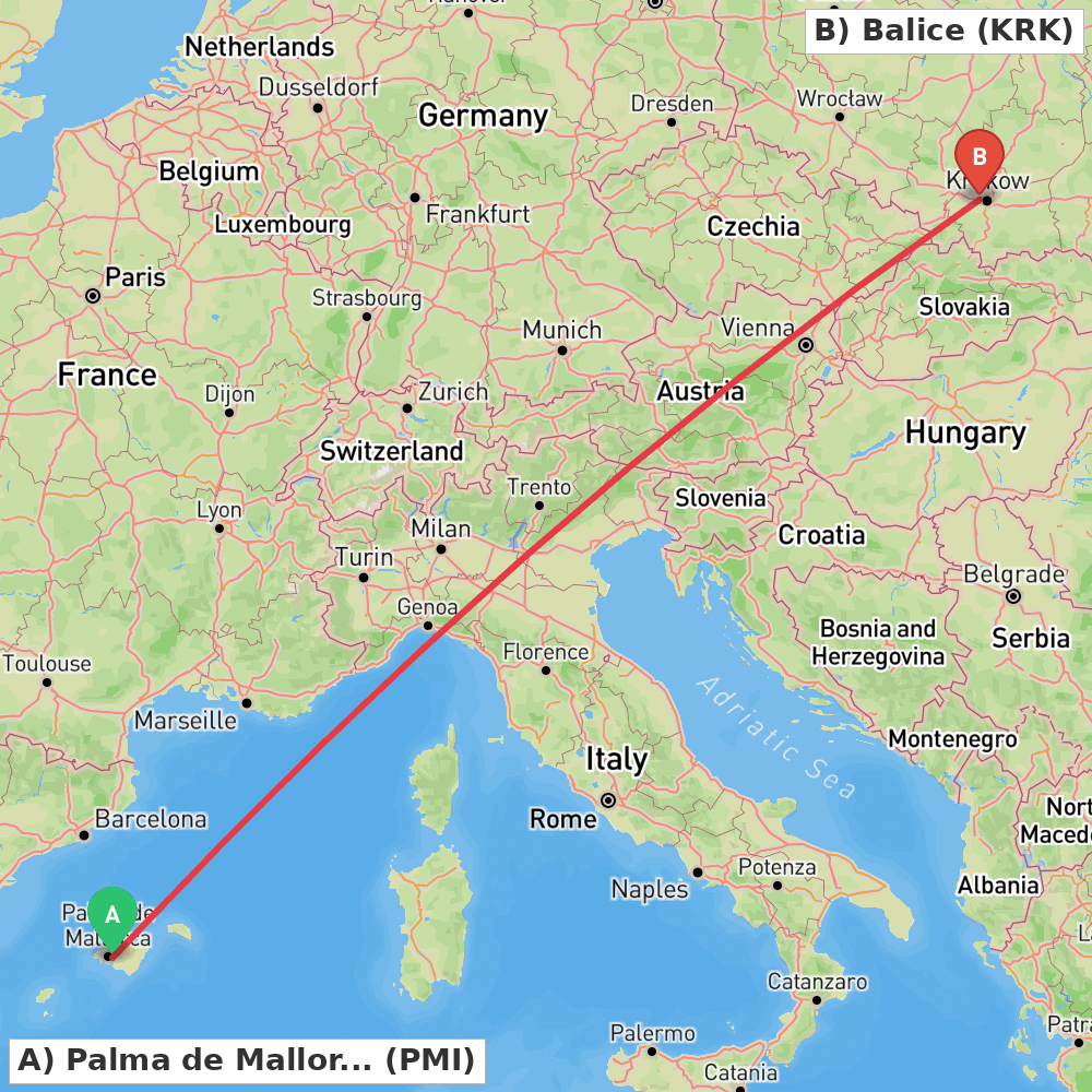 Flight route map from Palma de Mallorca to Balice