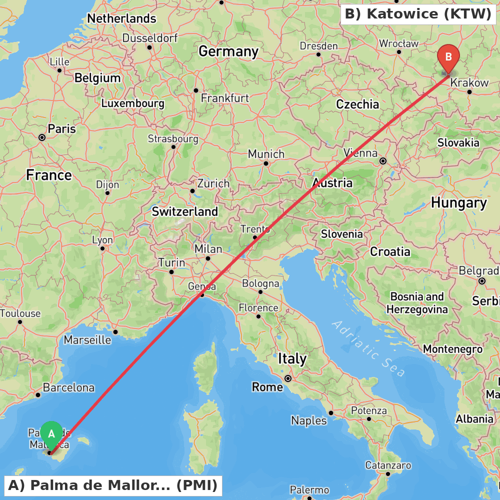 Flight route map from Palma de Mallorca to Katowice