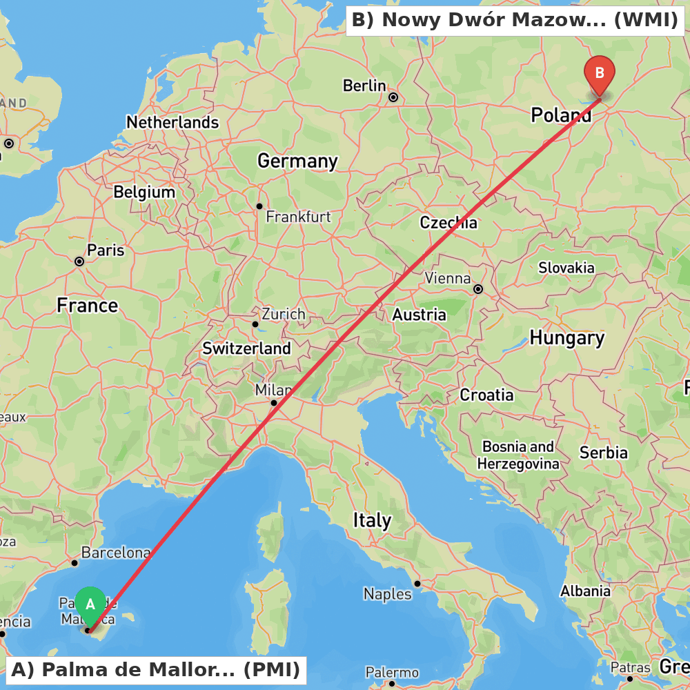 Flight route map from Palma de Mallorca to Nowy Dwór Mazowiecki