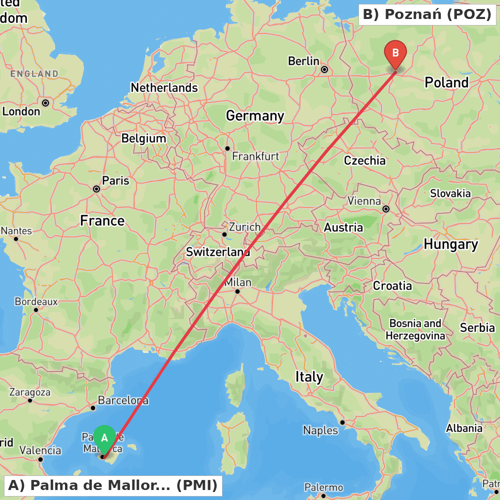 Flight route map from Palma de Mallorca to Poznań