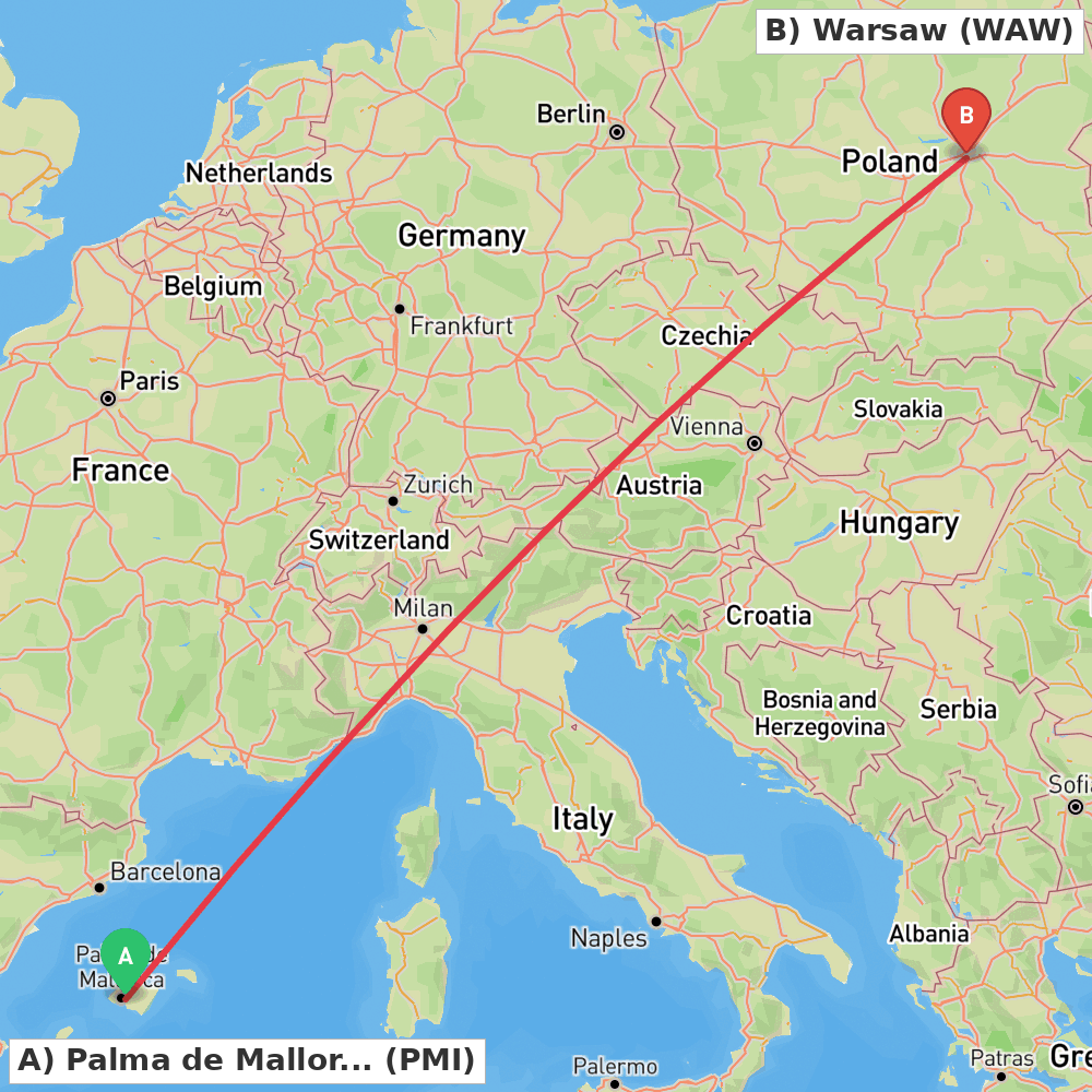Flight route map from Palma de Mallorca to Warsaw