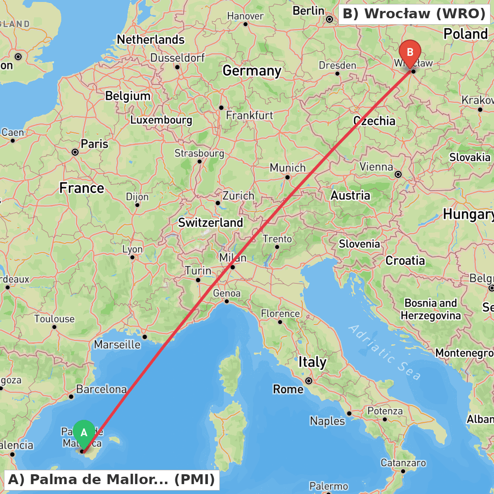 Flight route map from Palma de Mallorca to Wrocław