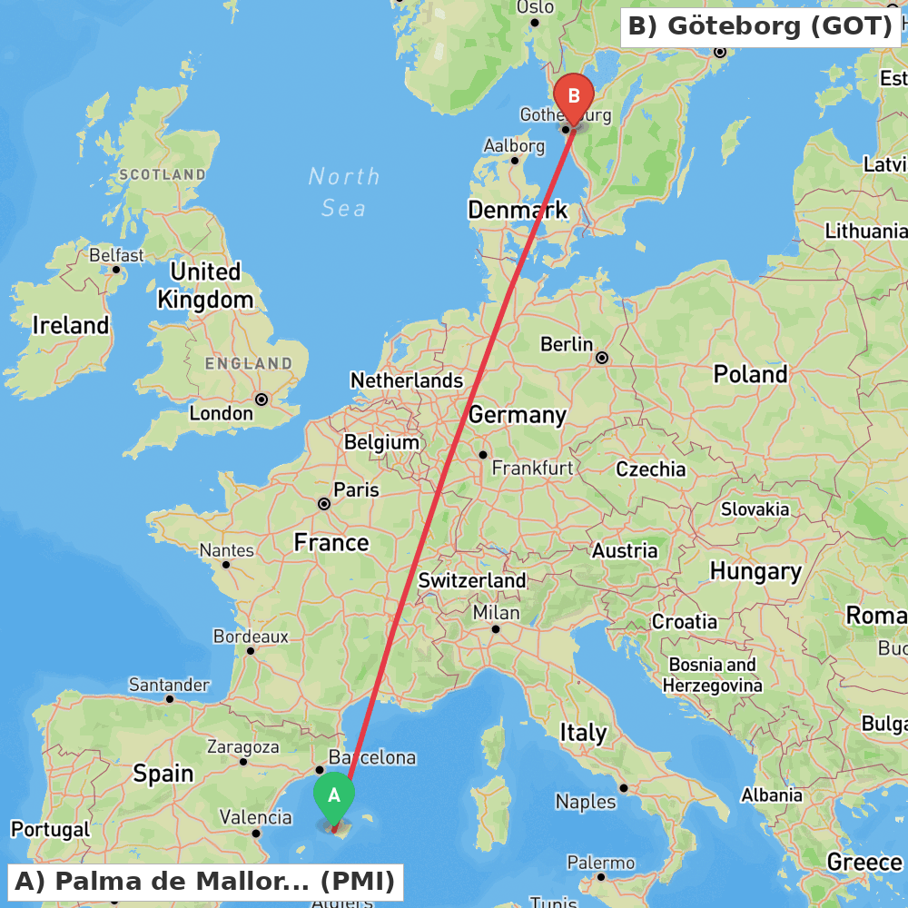 Flight route map from Palma de Mallorca to Göteborg