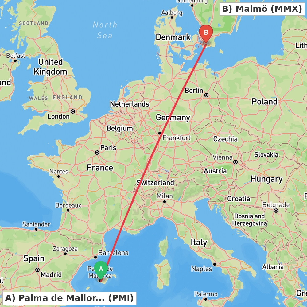 Flight route map from Palma de Mallorca to Malmö