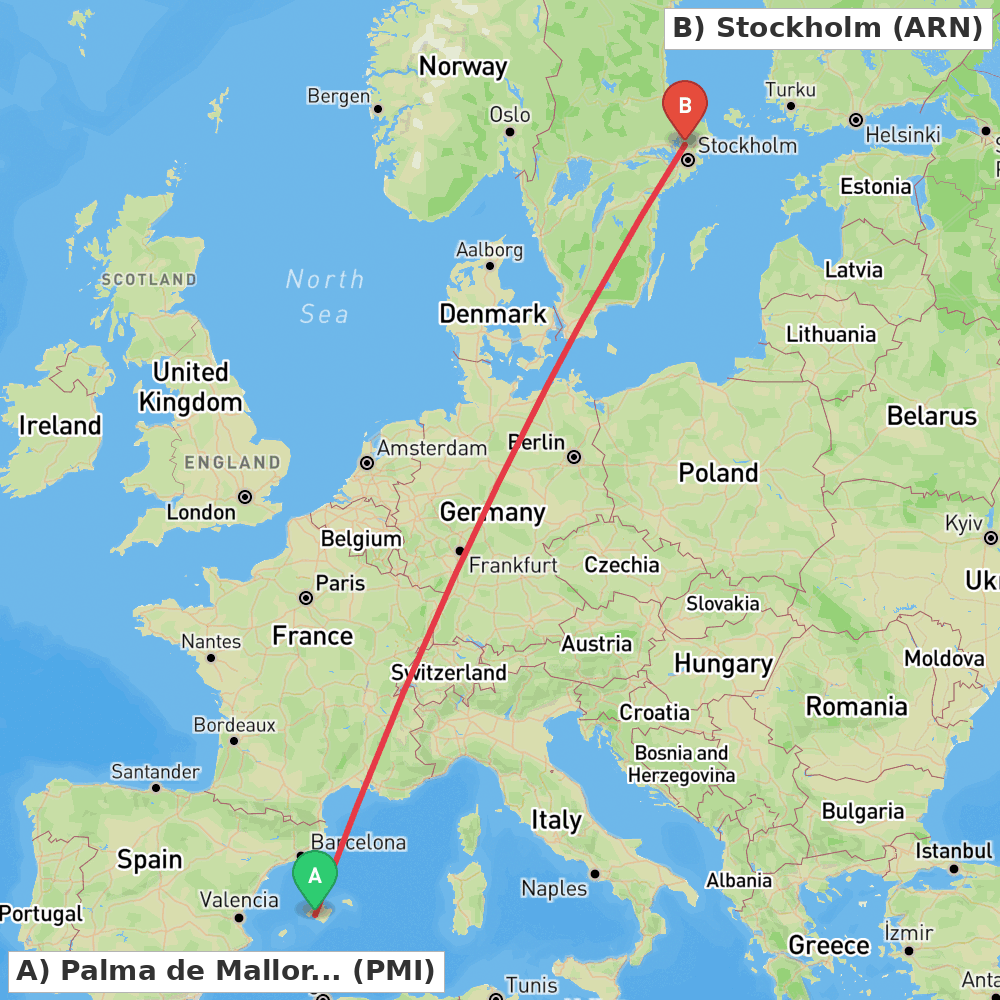Flight route map from Palma de Mallorca to Stockholm