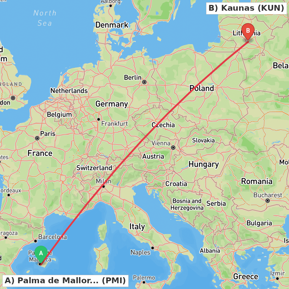 Flight route map from Palma de Mallorca to Kaunas