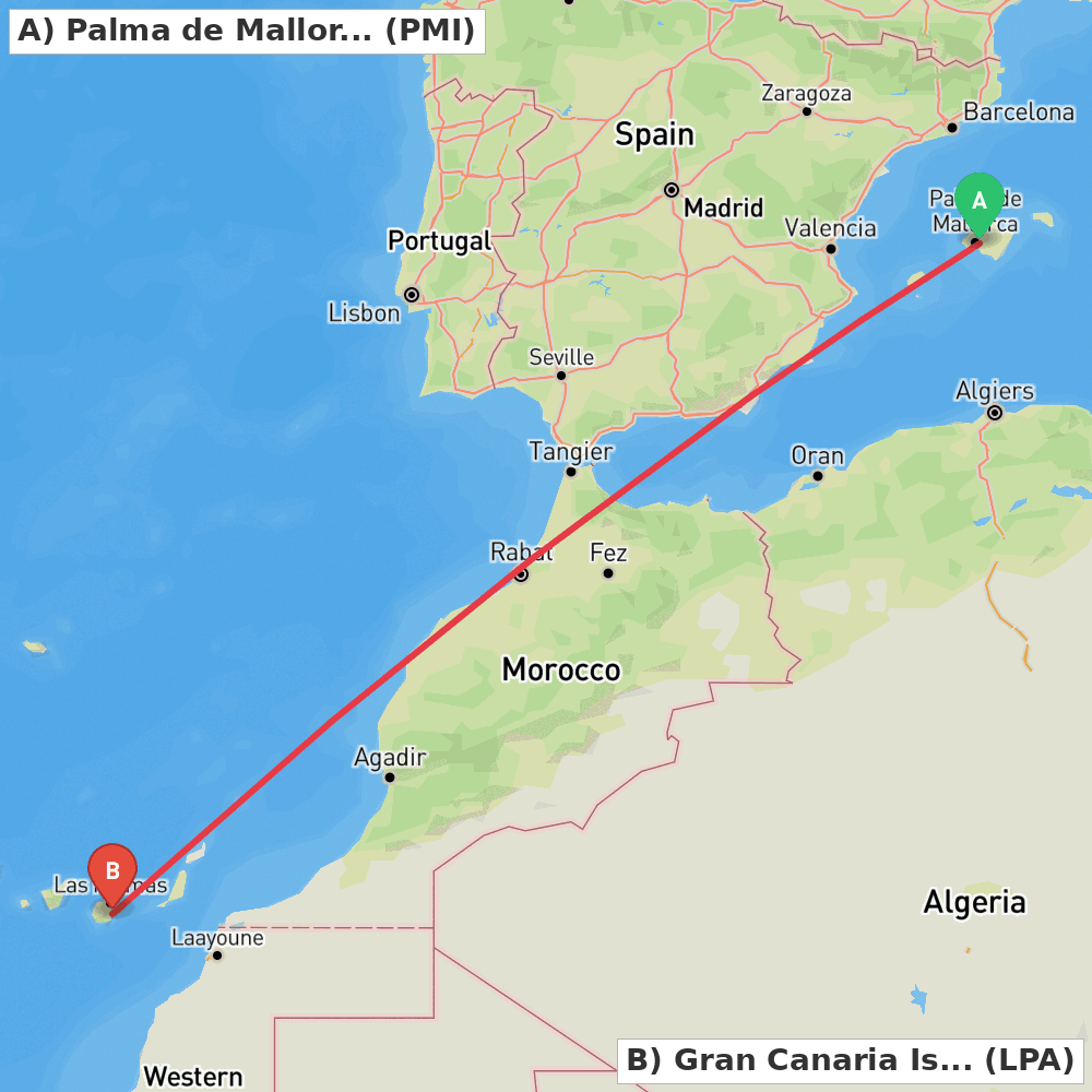 Flight route map from Palma de Mallorca to Gran Canaria Island