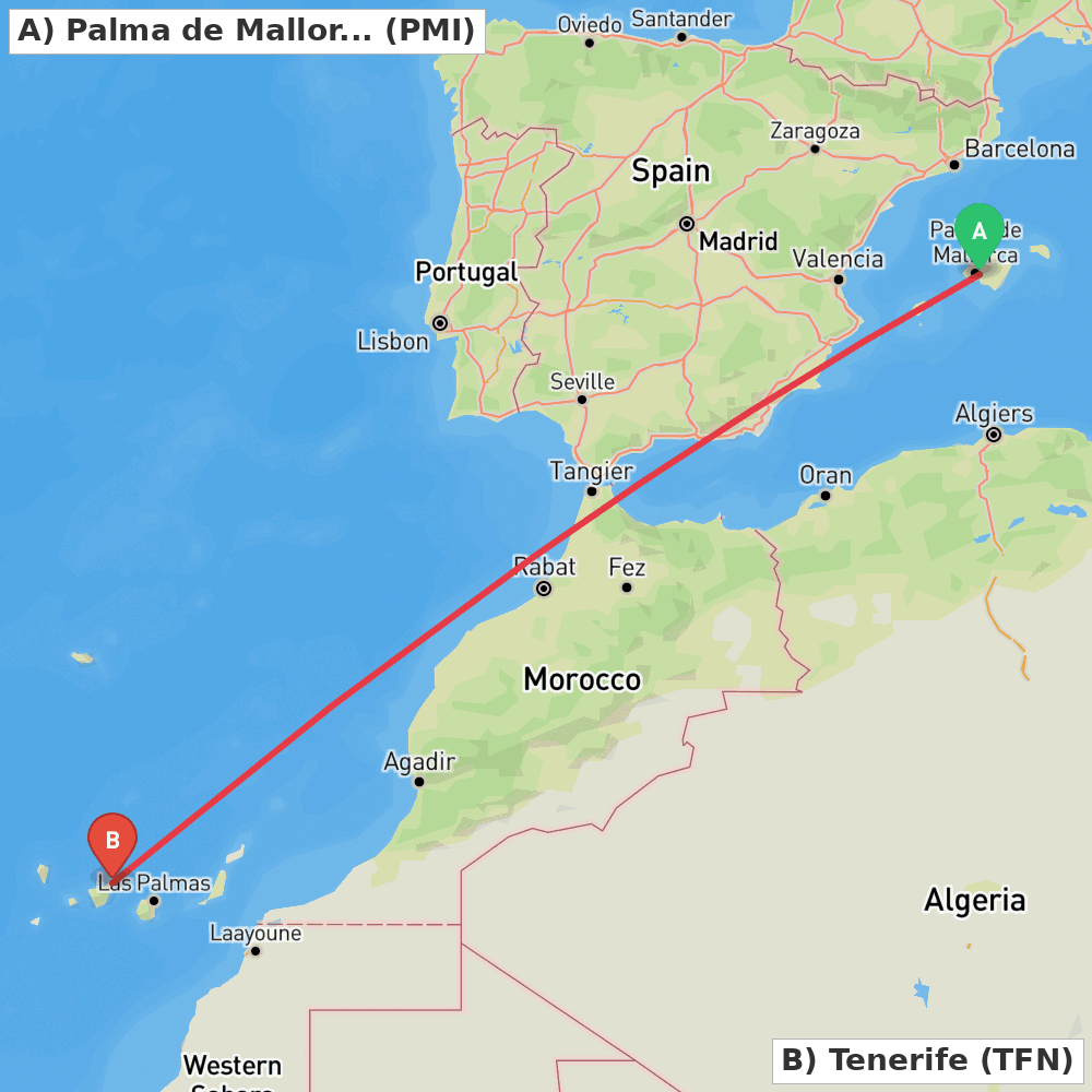 Flight route map from Palma de Mallorca to Tenerife