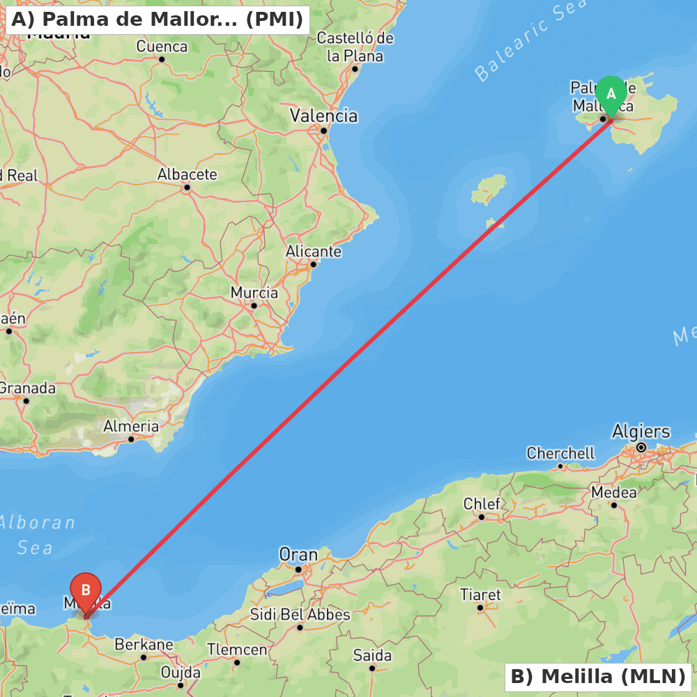 Flight route map from Palma de Mallorca to Melilla