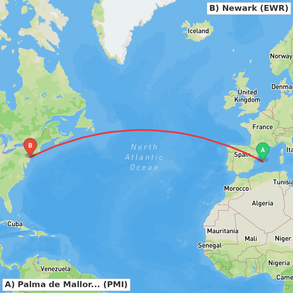 Flight route map from Palma de Mallorca to Newark