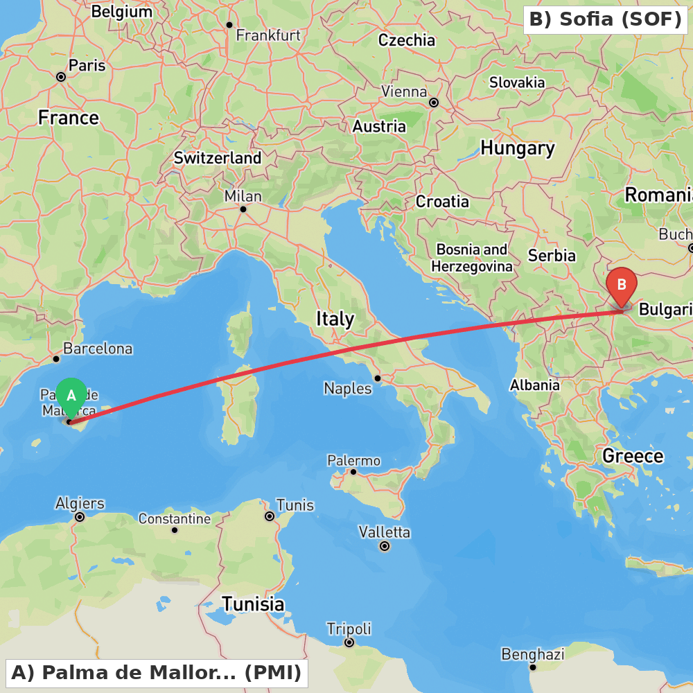 Flight route map from Palma de Mallorca to Sofia