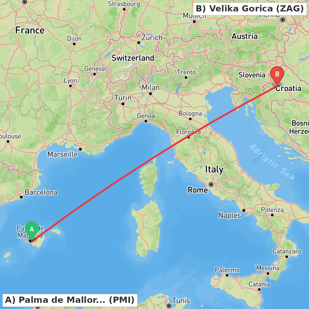 Flight route map from Palma de Mallorca to Velika Gorica