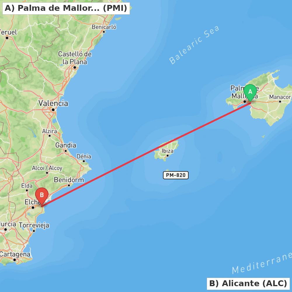 Flight route map from Palma de Mallorca to Alicante
