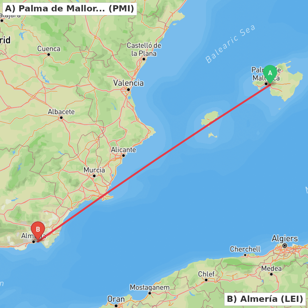 Flight route map from Palma de Mallorca to Almería