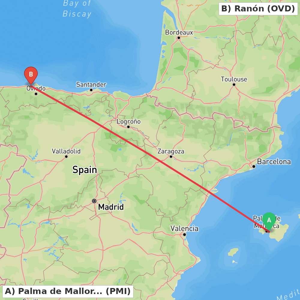 Flight route map from Palma de Mallorca to Ranón