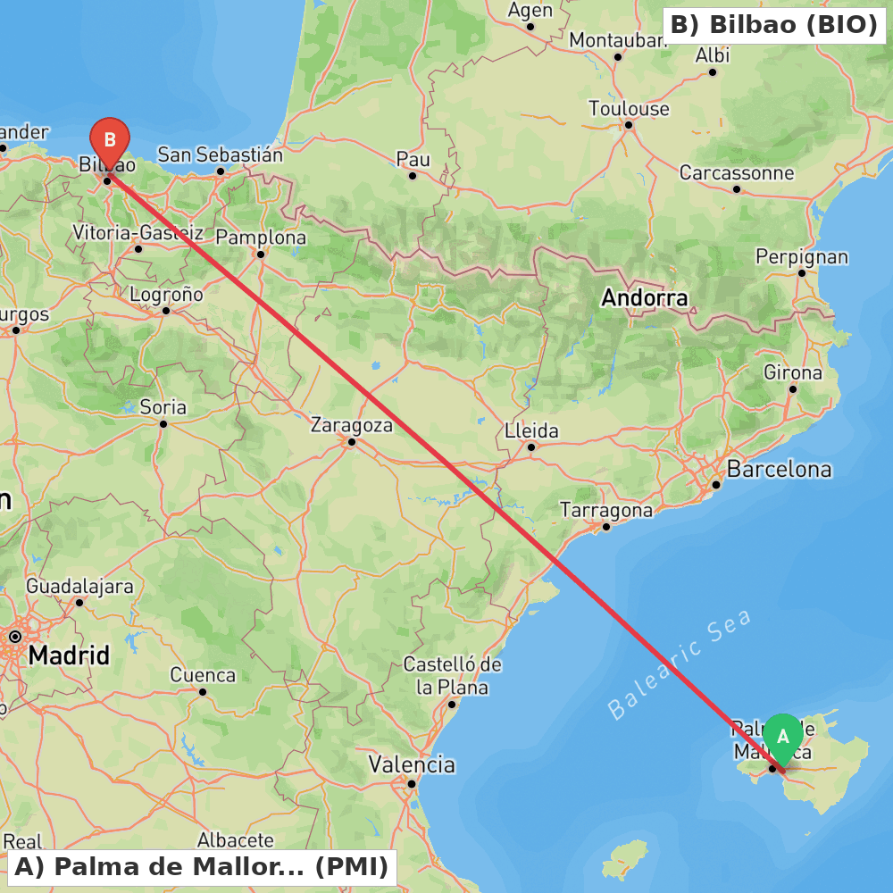 Flight route map from Palma de Mallorca to Bilbao