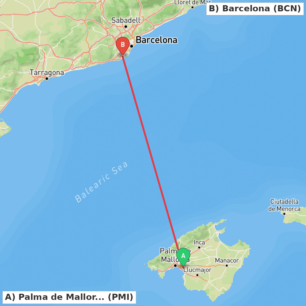 Flight route map from Palma de Mallorca to Barcelona