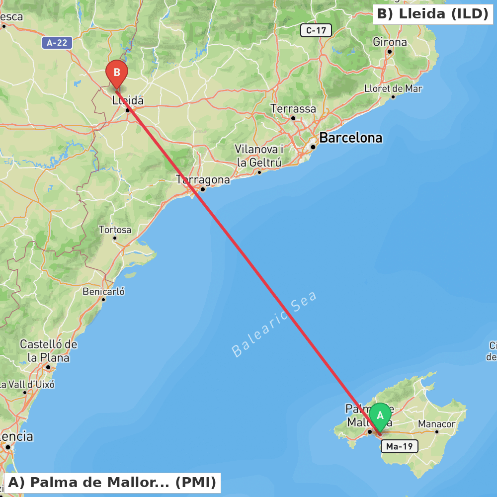 Flight route map from Palma de Mallorca to Lleida