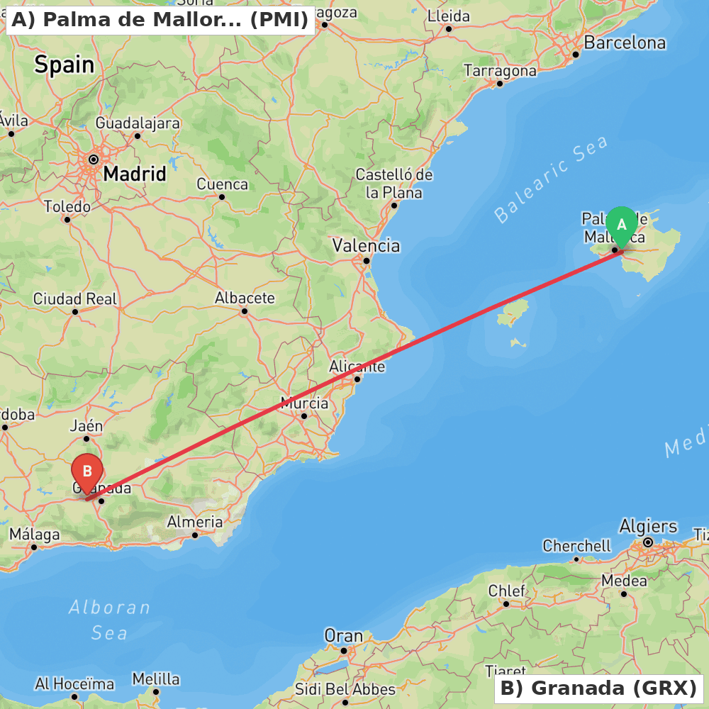 Flight route map from Palma de Mallorca to Granada