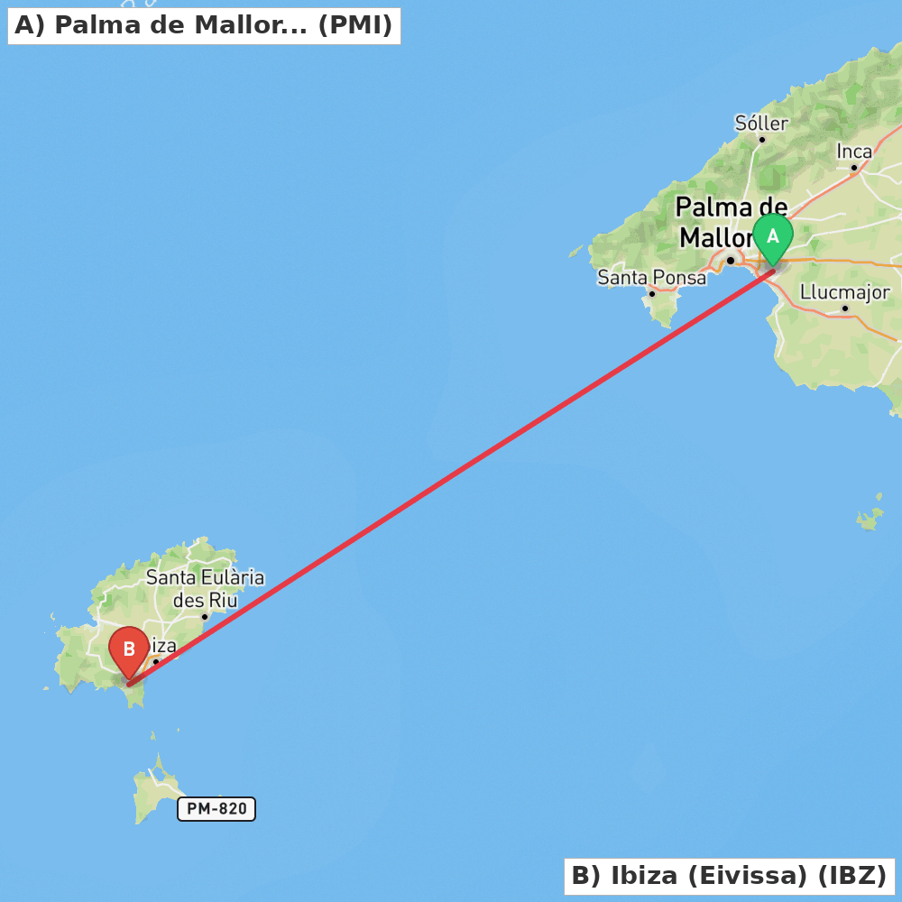 Flight route map from Palma de Mallorca to Ibiza (Eivissa)