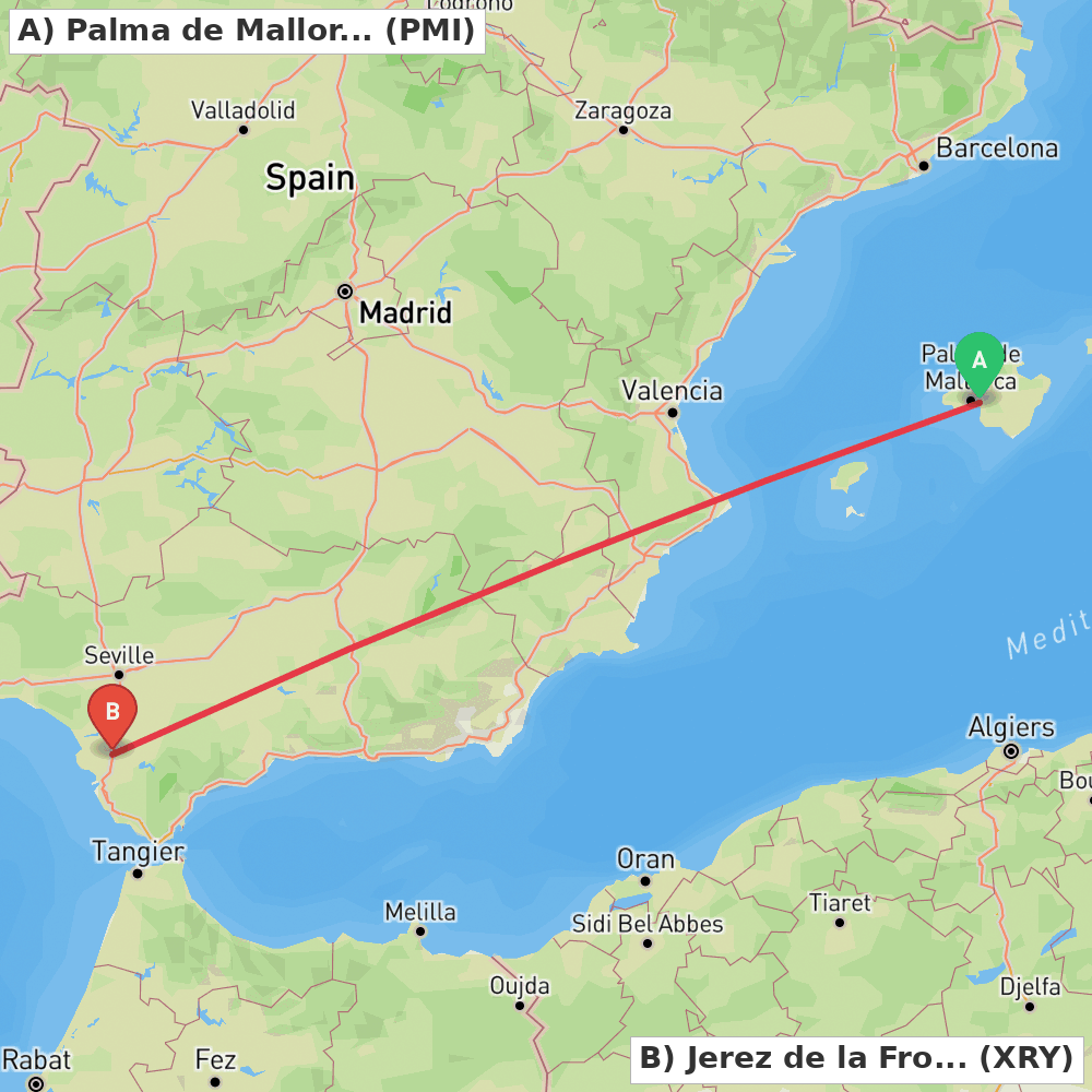 Flight route map from Palma de Mallorca to Jerez de la Frontera