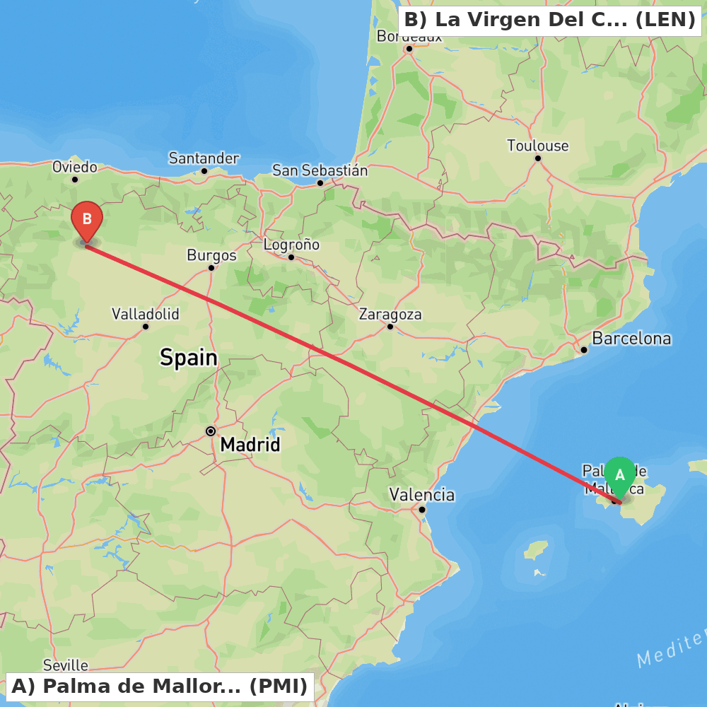 Flight route map from Palma de Mallorca to La Virgen Del Camino