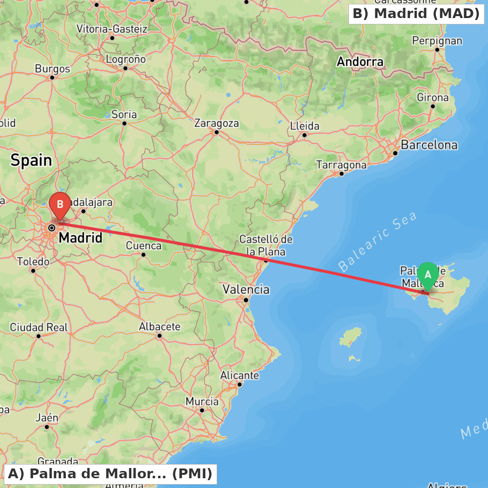 Flight route map from Palma de Mallorca to Madrid