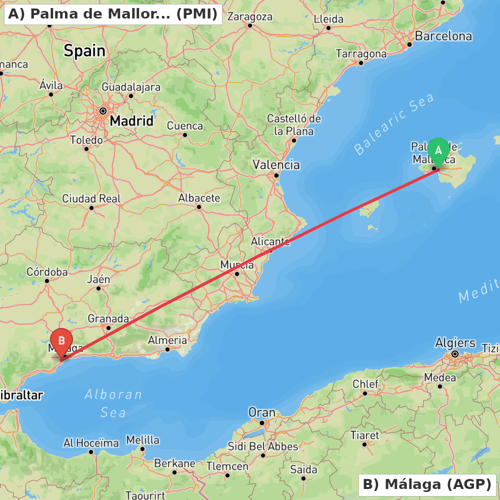 Flight route map from Palma de Mallorca to Málaga
