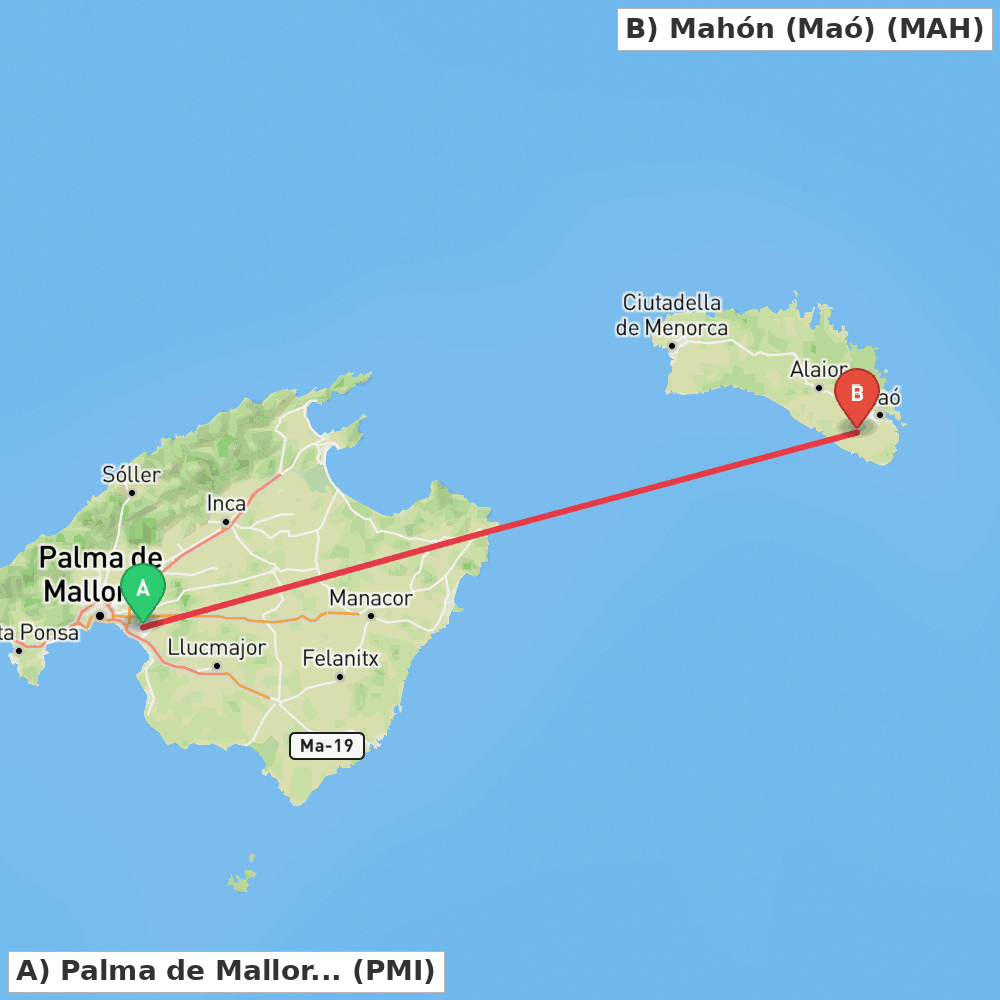 Flight route map from Palma de Mallorca to Mahón (Maó)