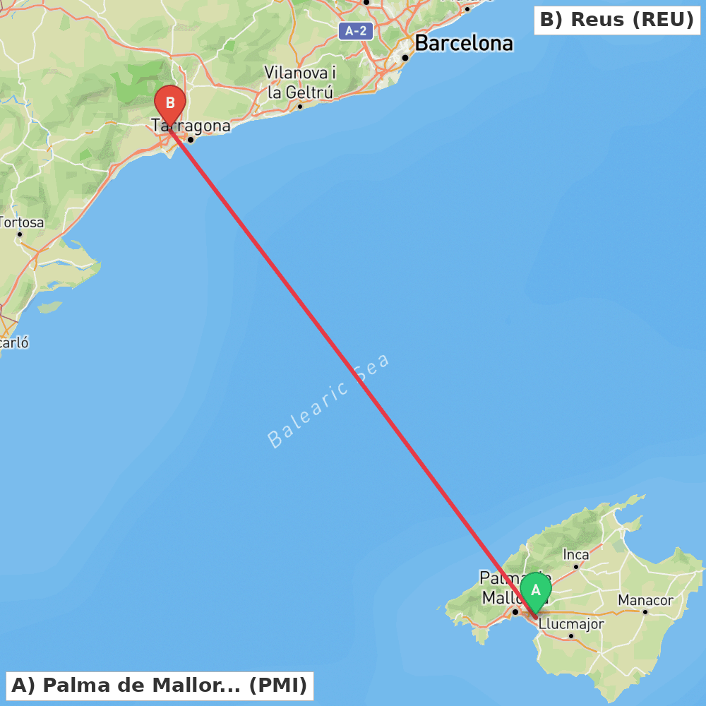Flight route map from Palma de Mallorca to Reus