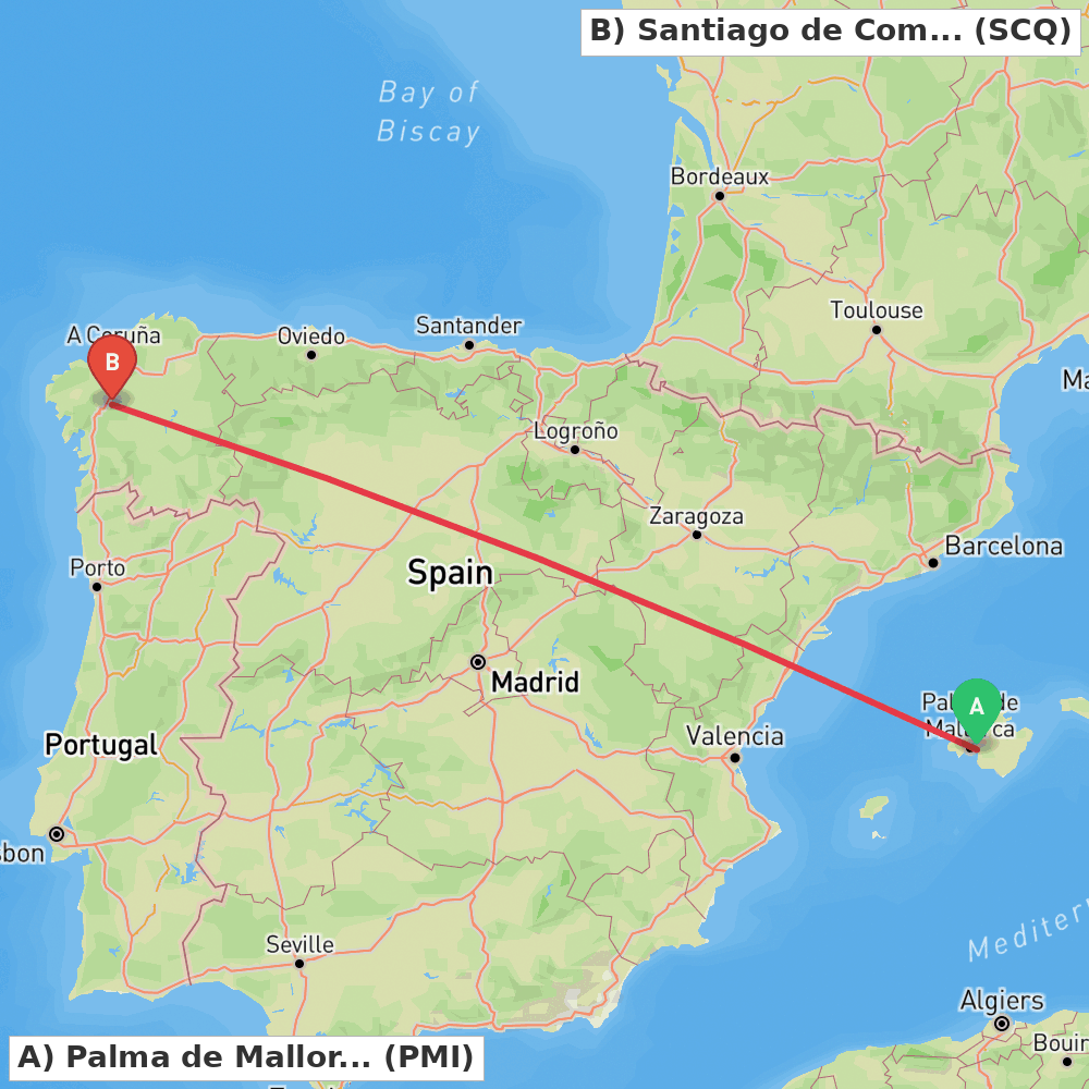 Flight route map from Palma de Mallorca to Santiago de Compostela