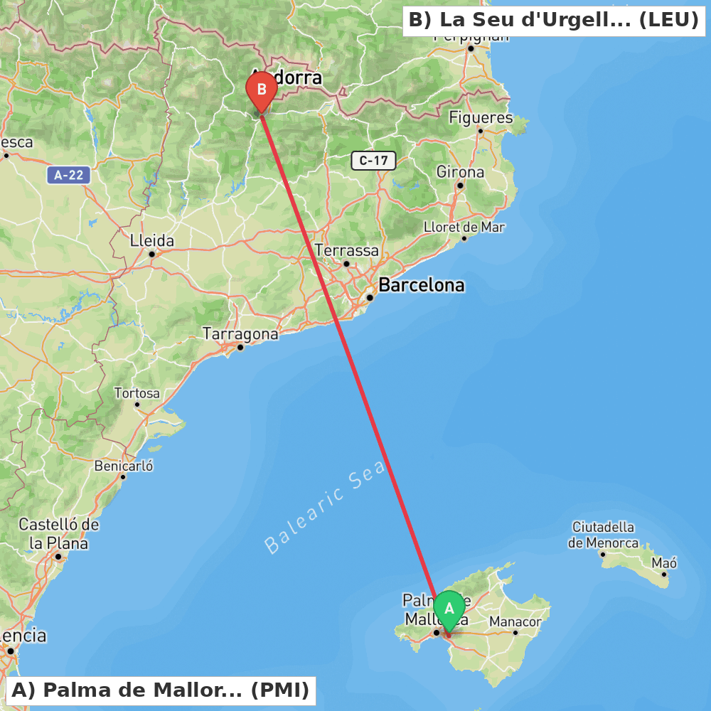 Flight route map from Palma de Mallorca to La Seu d'Urgell Pyrenees and Andorra