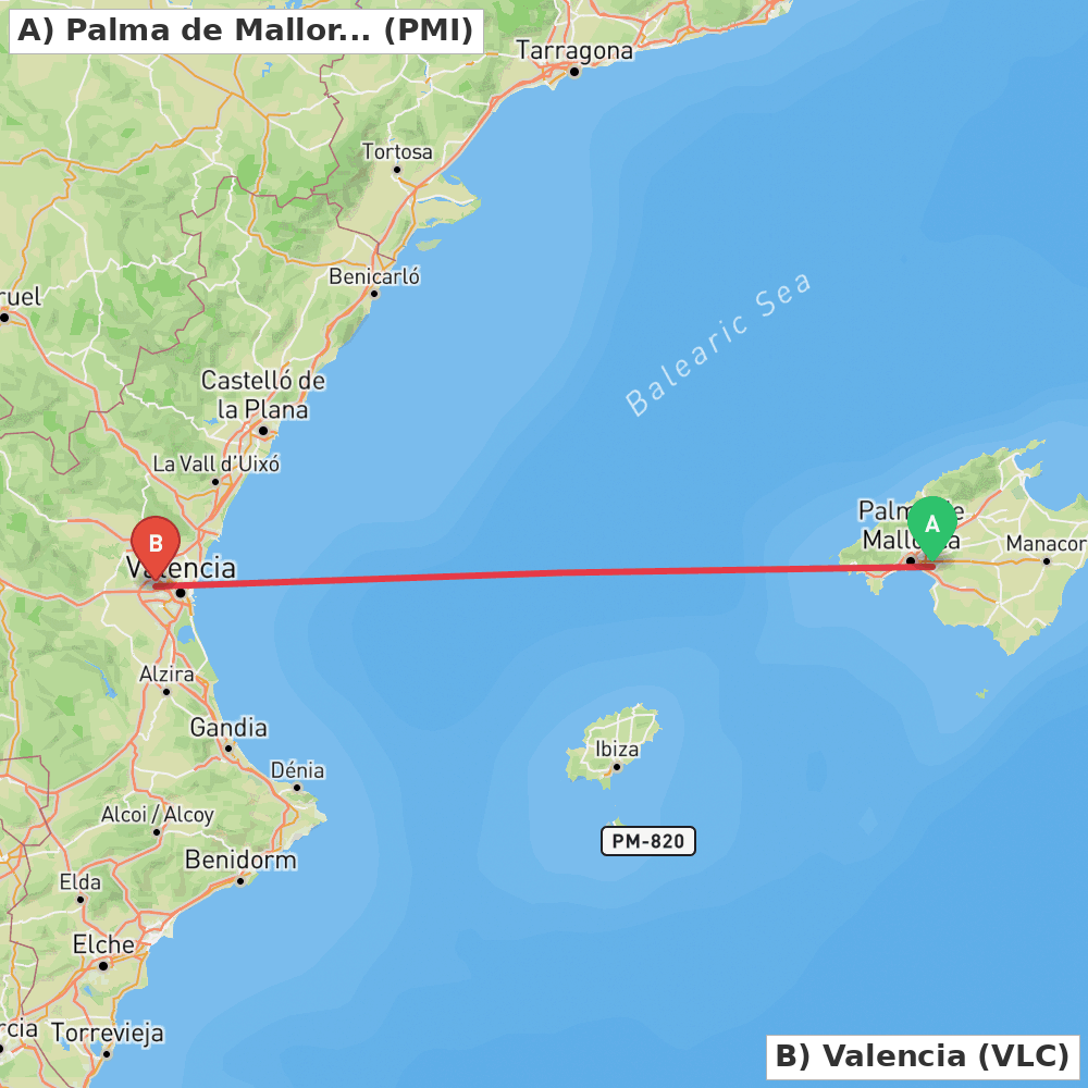 Flight route map from Palma de Mallorca to Valencia