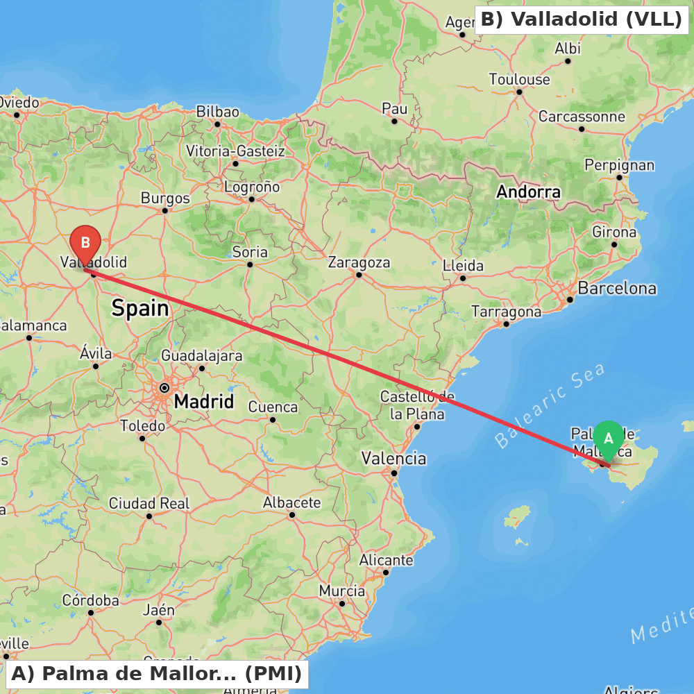 Flight route map from Palma de Mallorca to Valladolid