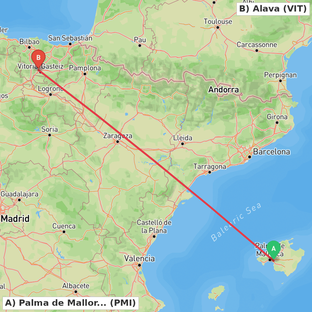 Flight route map from Palma de Mallorca to Alava