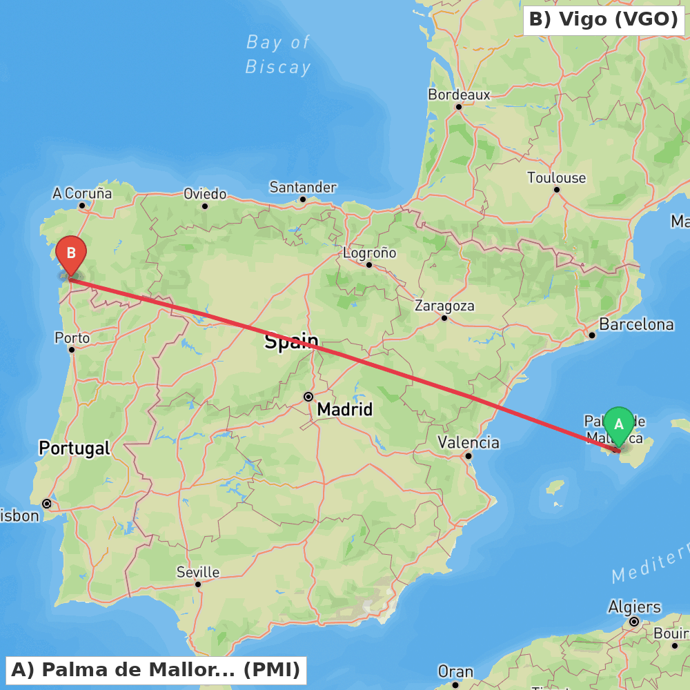 Flight route map from Palma de Mallorca to Vigo