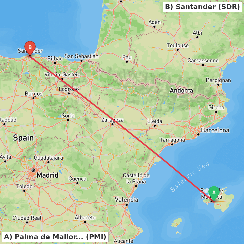 Flight route map from Palma de Mallorca to Santander