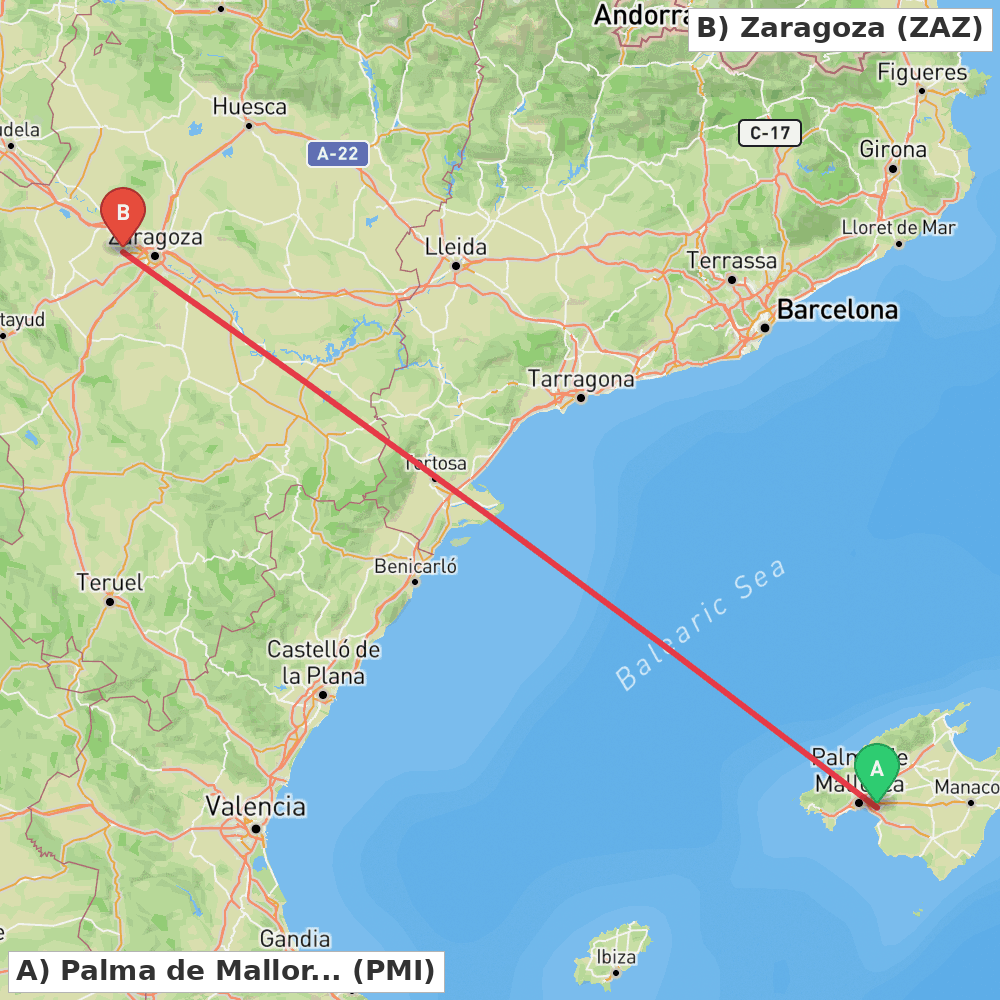 Flight route map from Palma de Mallorca to Zaragoza