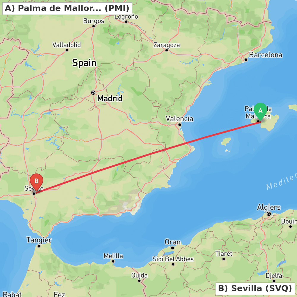 Flight route map from Palma de Mallorca to Sevilla