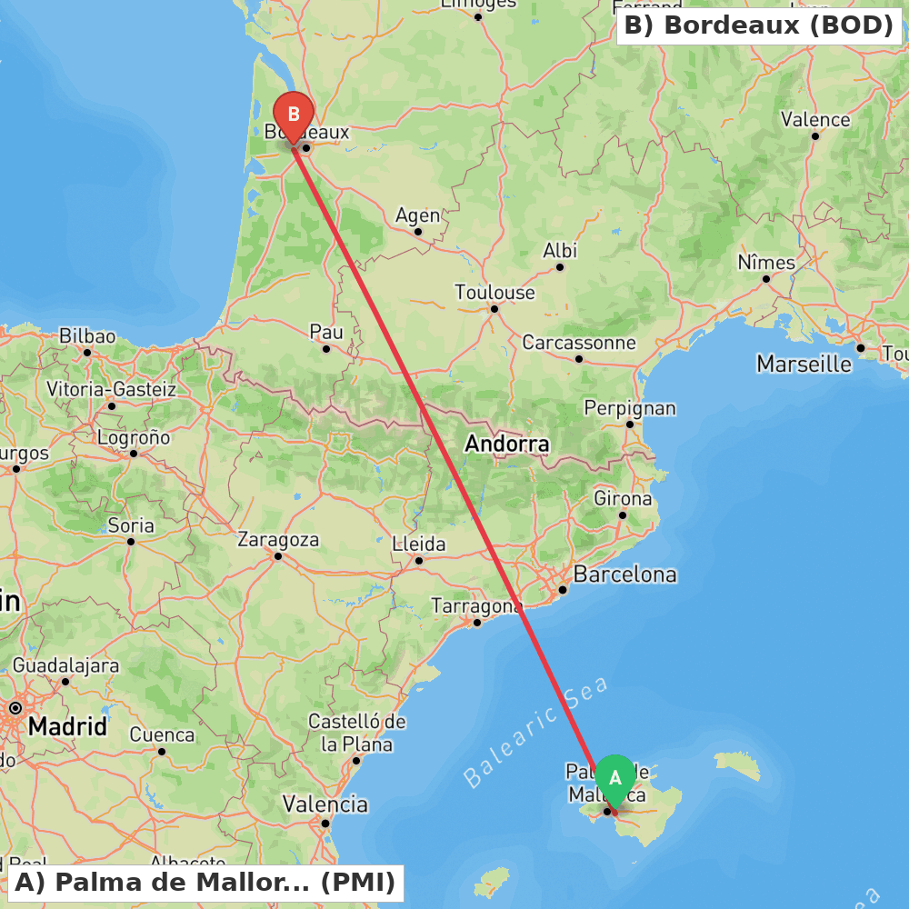 Flight route map from Palma de Mallorca to Bordeaux