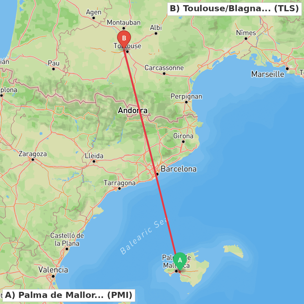 Flight route map from Palma de Mallorca to Toulouse/Blagnac