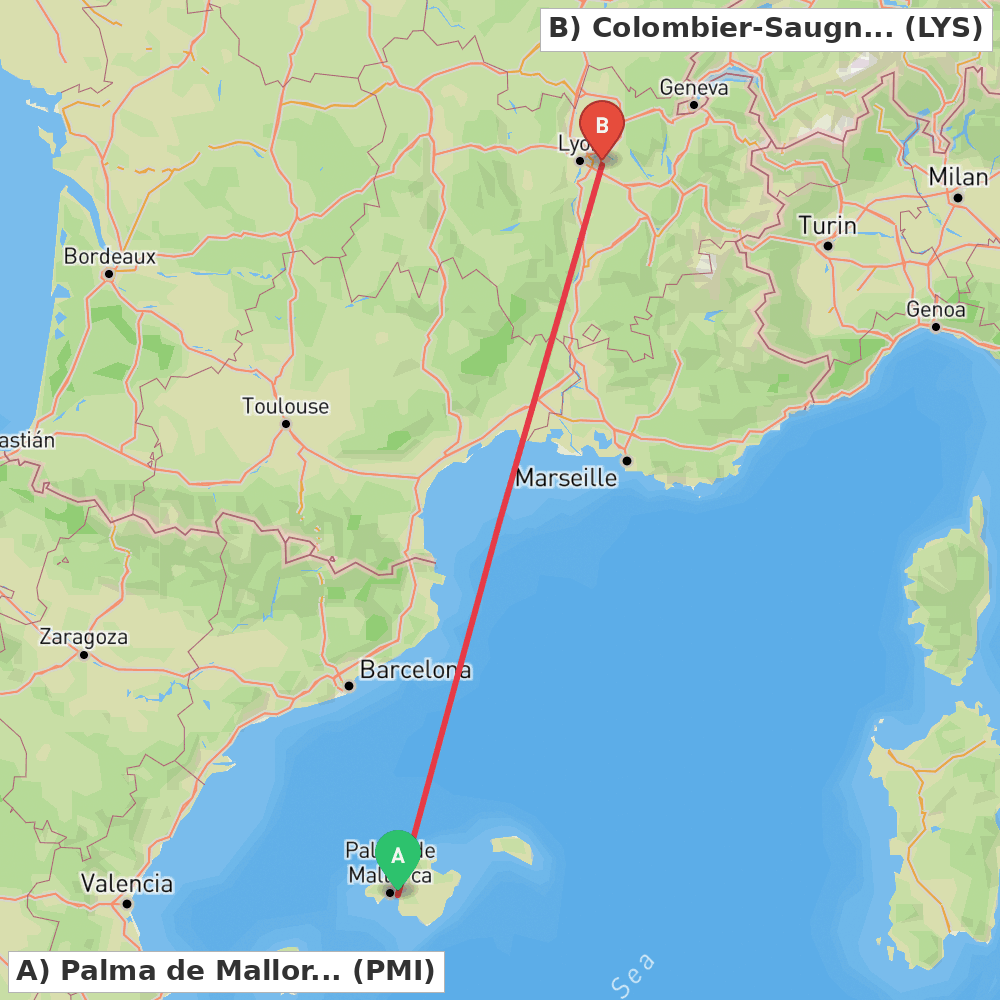 Flight route map from Palma de Mallorca to Colombier-Saugnieu, Rhône