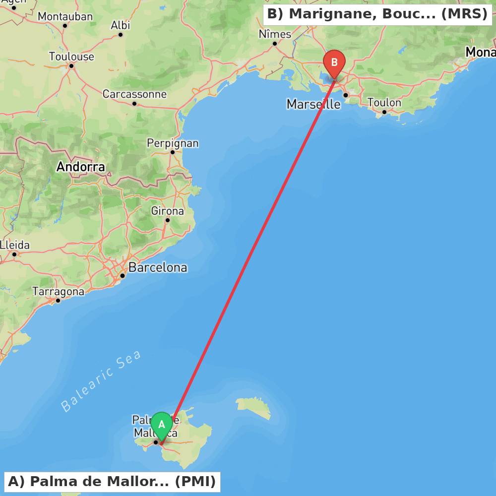 Flight route map from Palma de Mallorca to Marignane, Bouches-du-Rhône