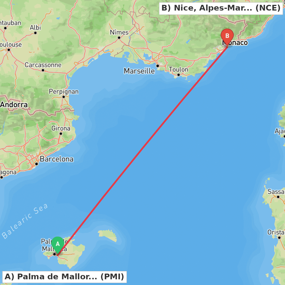 Flight route map from Palma de Mallorca to Nice, Alpes-Maritimes